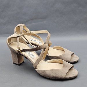 Jimmy Choo Shoes Size 10 EU 40 Block Heel Tan Suede Strappy Peep Toe Ankle Strap